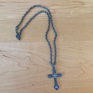 Silver Rosary Necklace with Cross Pendant and Smooth Beads